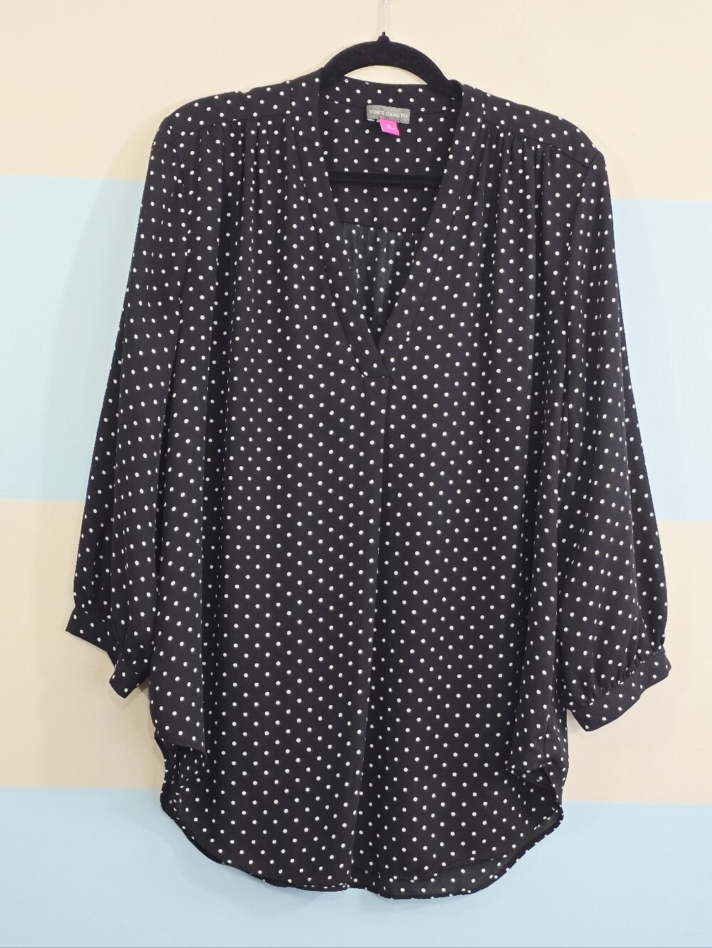 Vince Camuto Plus Size Black and White Polka Dot V-Neck Blouse - Picture 2 of 6